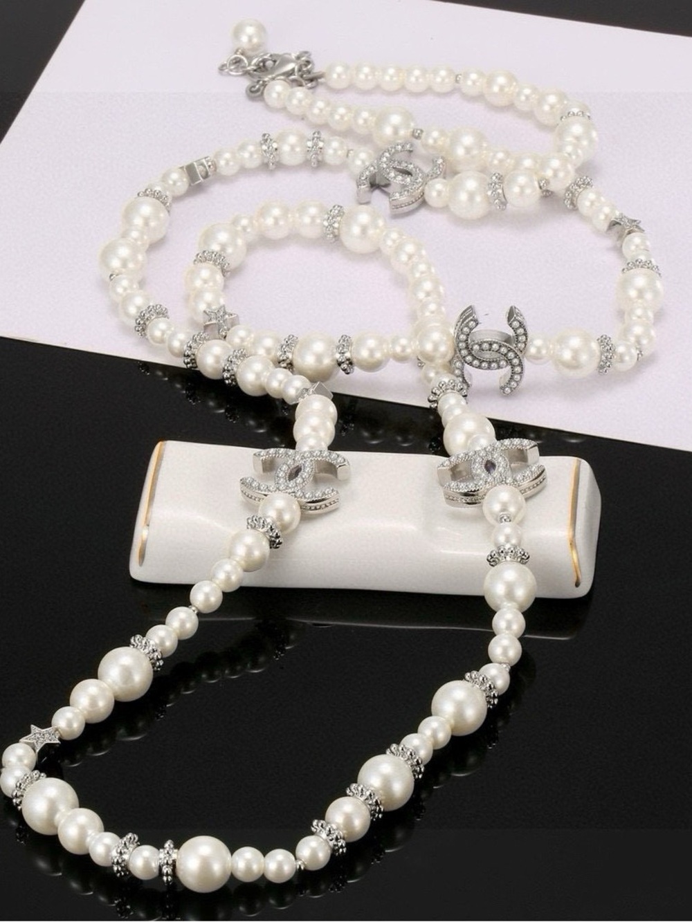Chanel White Pearl and Silver-Tone Logo Accent Necklace